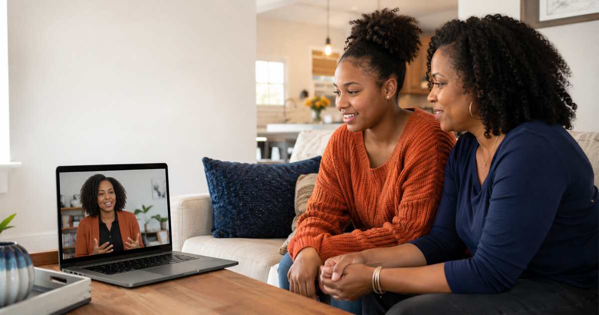 A young woman and family member connecting with an Embers to Bloom mentor through a virtual visit